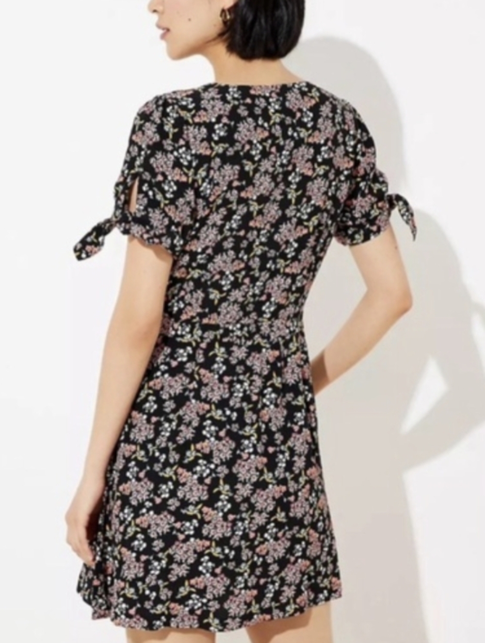LOFT Black Floral Wrap Romper with Pink & Cream Flowers V-neck Tie Waist- 14 - Picture 2 of 16